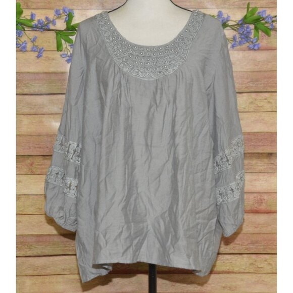 Krazy Kat Ladies Gray Beaded Faux Pearl 3/4 Sleeve Blouse Size XXL Tunic Career - Picture 1 of 10